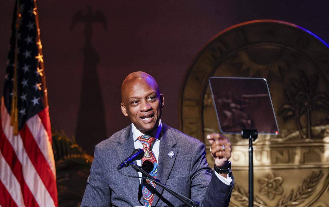 Miami-Dade County Commissioner Oliver Gilbert III speaks before Miami-Dade Mayor Daniella Levine Cava delivers her 2026 State of the County Address at Florida Memorial University in Miami Gardens, Florida on Wednesday, January 28, 2026.