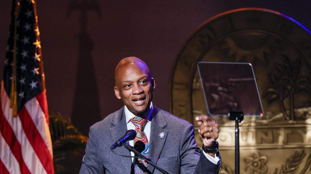Miami-Dade County Commissioner Oliver Gilbert III speaks before Miami-Dade Mayor Daniella Levine Cava delivers her 2026 State of the County Address at Florida Memorial University in Miami Gardens, Florida on Wednesday, January 28, 2026.