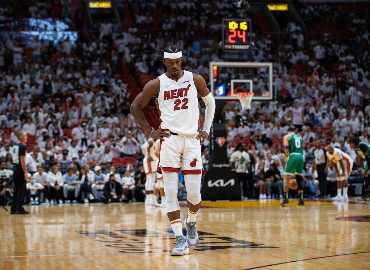 Miami Heat forward Jimmy Butler (22) looks on during the third quarter of Game 7 of the NBA Eastern Conference Finals series against the Boston Celtics at FTX Arena in Miami on Sunday, May 29, 2022.