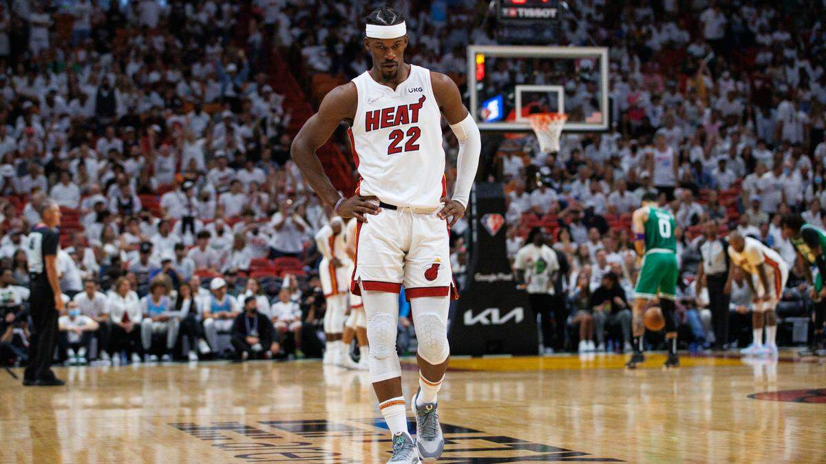 Miami Heat forward Jimmy Butler (22) looks on during the third quarter of Game 7 of the NBA Eastern Conference Finals series against the Boston Celtics at FTX Arena in Miami, Florida, on Sunday, May 29, 2022.