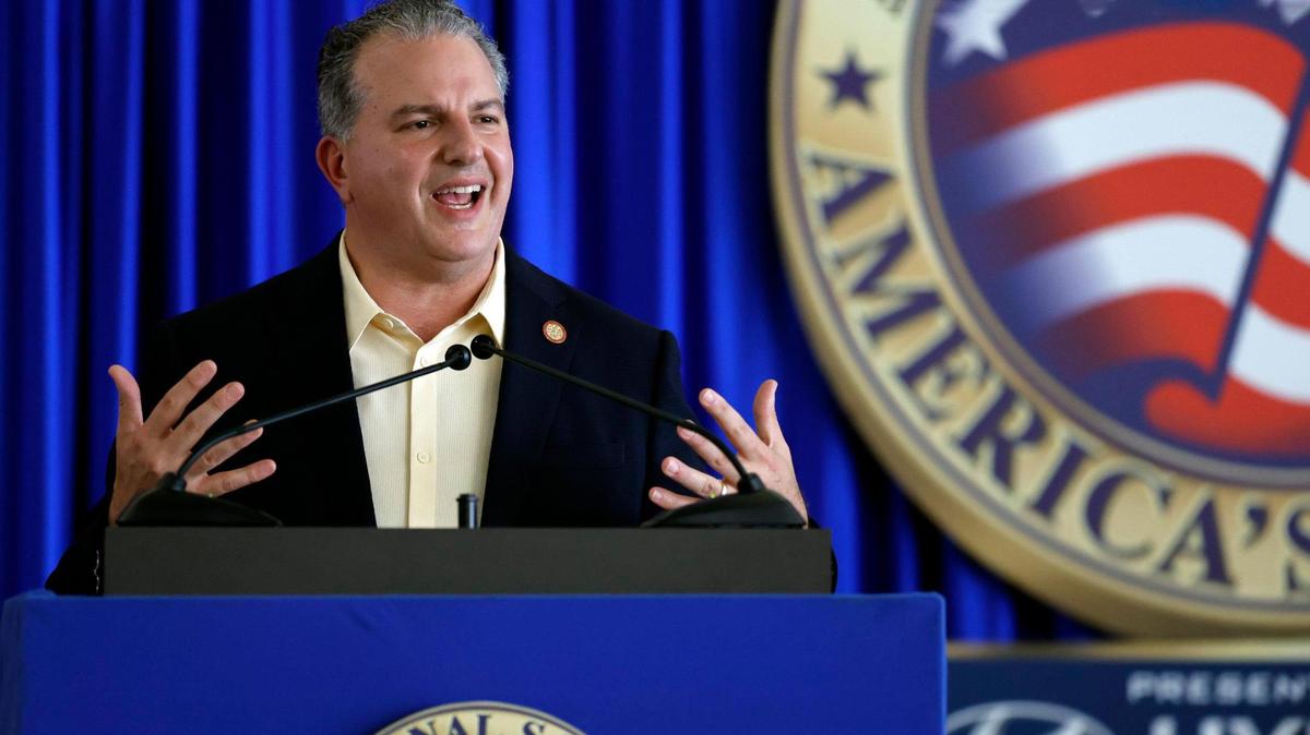 Florida Chief Financial Officer Jimmy Patronis speaks during the National Salute to America’s Heroes presented by Hyundai Air & Sea Show/U.S. Army Salute Fest at the US Coast Guard Air Station in Opa-locka, Florida on Friday, May 26, 2023.