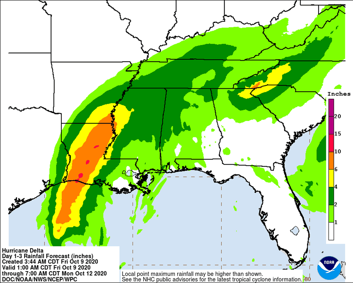 Hurricane Delta could bring up to 15 inches of rain in some spots.