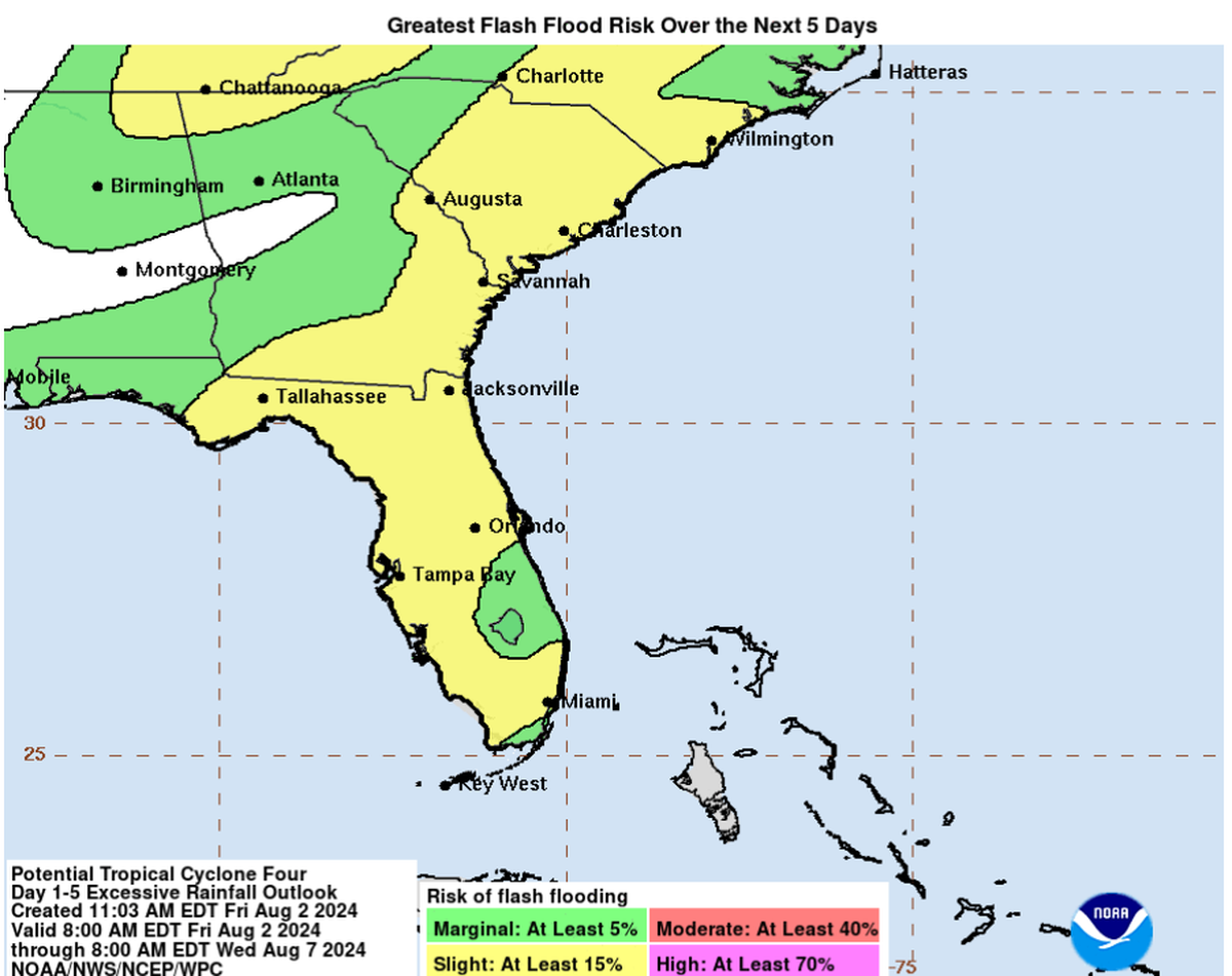 The National Hurricane Center on Friday forecasts that most of Florida will have a slight risk of flash flooding through Wednesday as a tropical system nears the state.