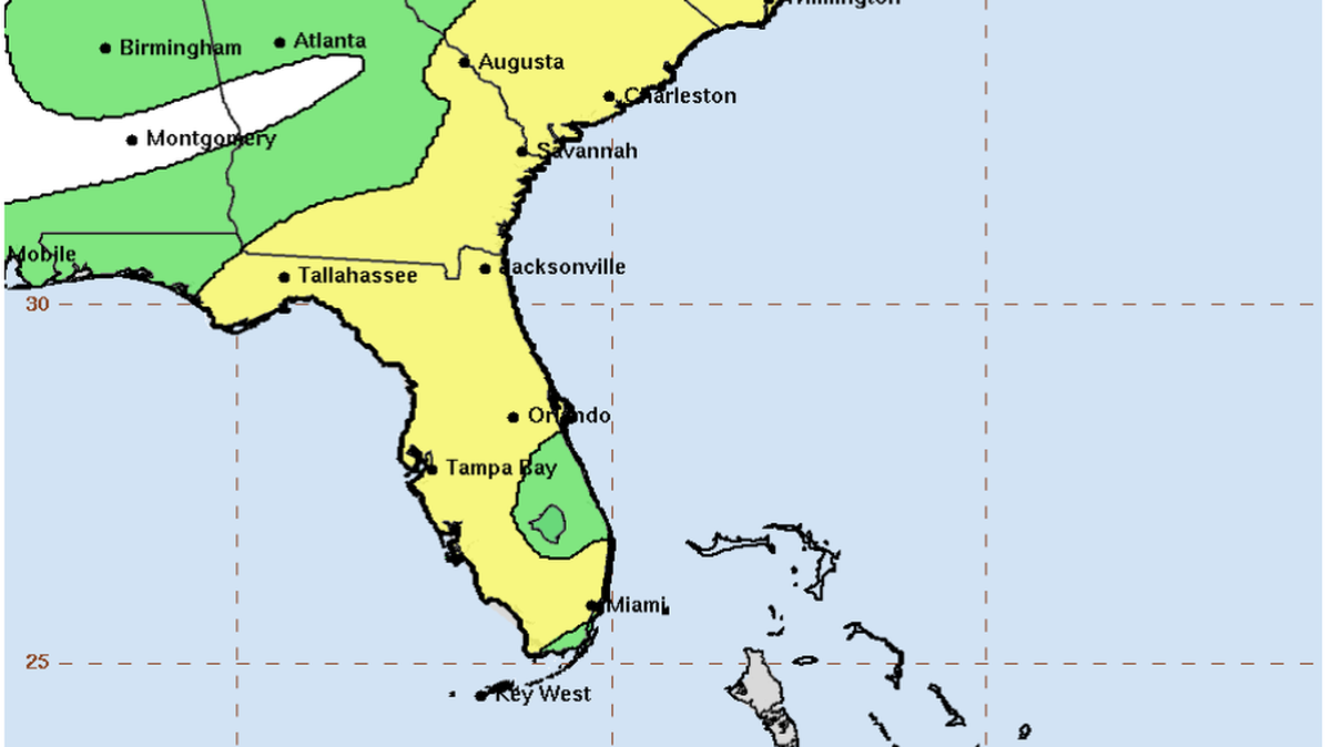 The National Hurricane Center on Friday forecasts that most of Florida will have a slight risk of flash flooding through Wednesday due to a possible tropical storm.