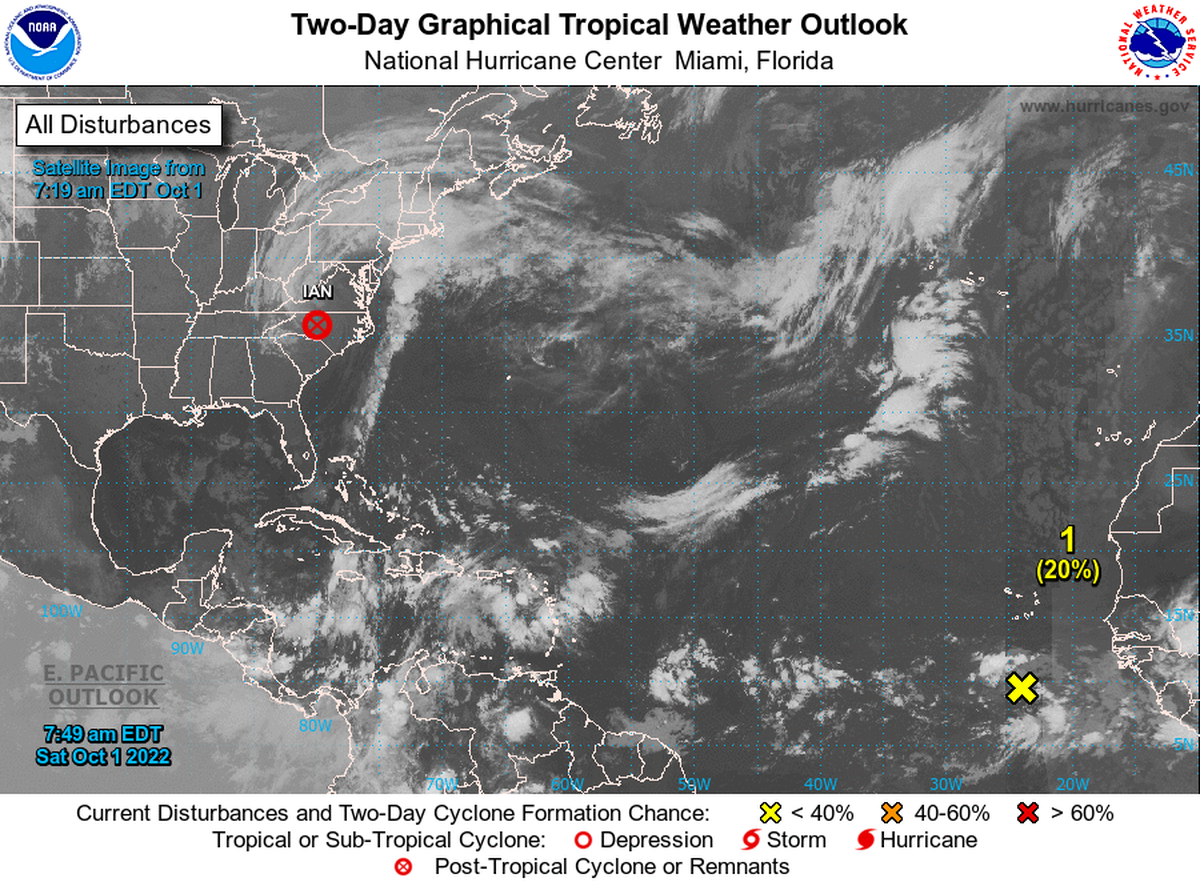 The National Hurricane Center’s 8 a.m. Saturday, Oct. 1, 2022, tropics map.