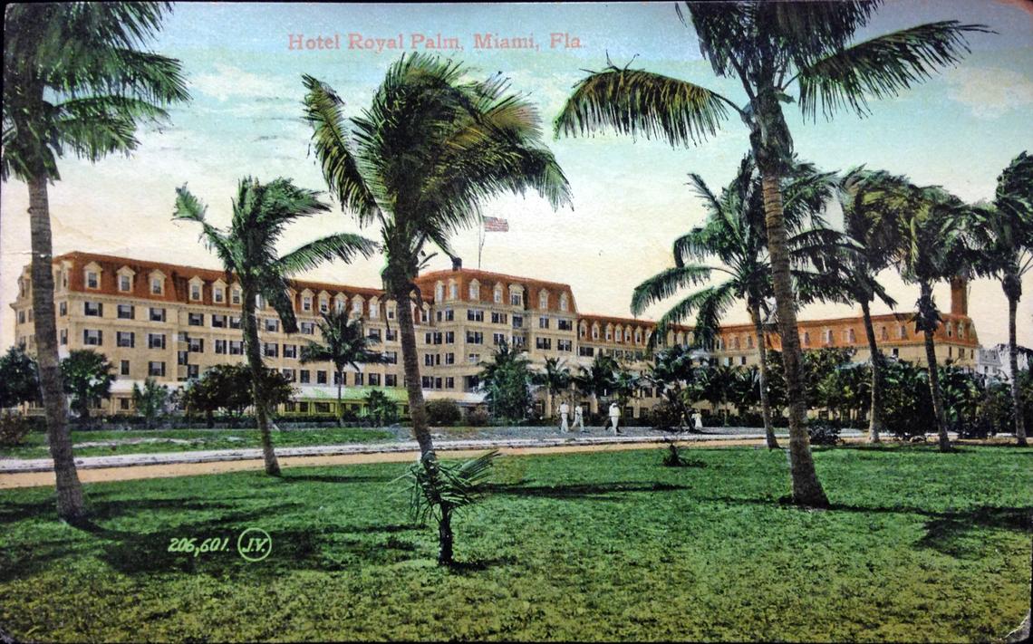 Copy of a postcard of the Royal Palm Hotel in downtown Miami at the turn of the century. Met Square now stands where the Henry Flagler hotel once did.