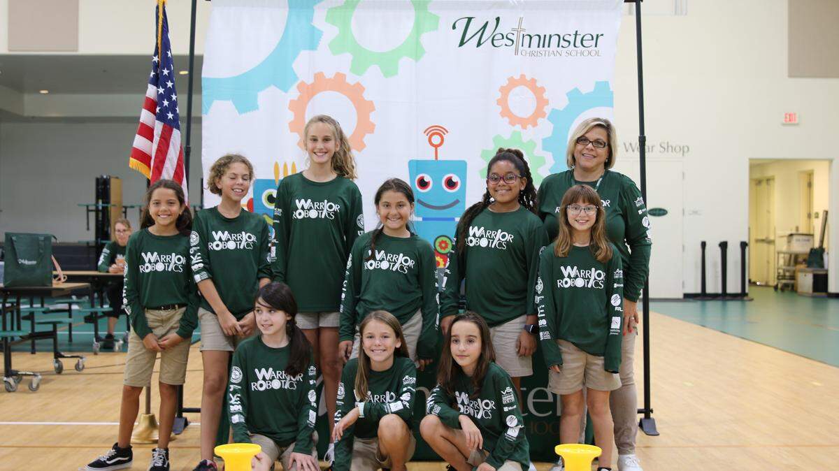 Westminster Christian School students recently competed in the Robotics Education and Competition Foundation’s 2018 VEX IQ Robotics Competition and won the STEM Research Project Award. The winning elementary students are pictured with their teacher, Mailyn Santiesteban.