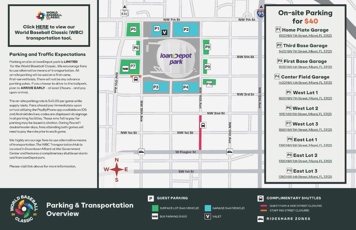 A map showing the sites for on-site parking at loanDepot park for the World Baseball Classic, which will cost $40 per game.