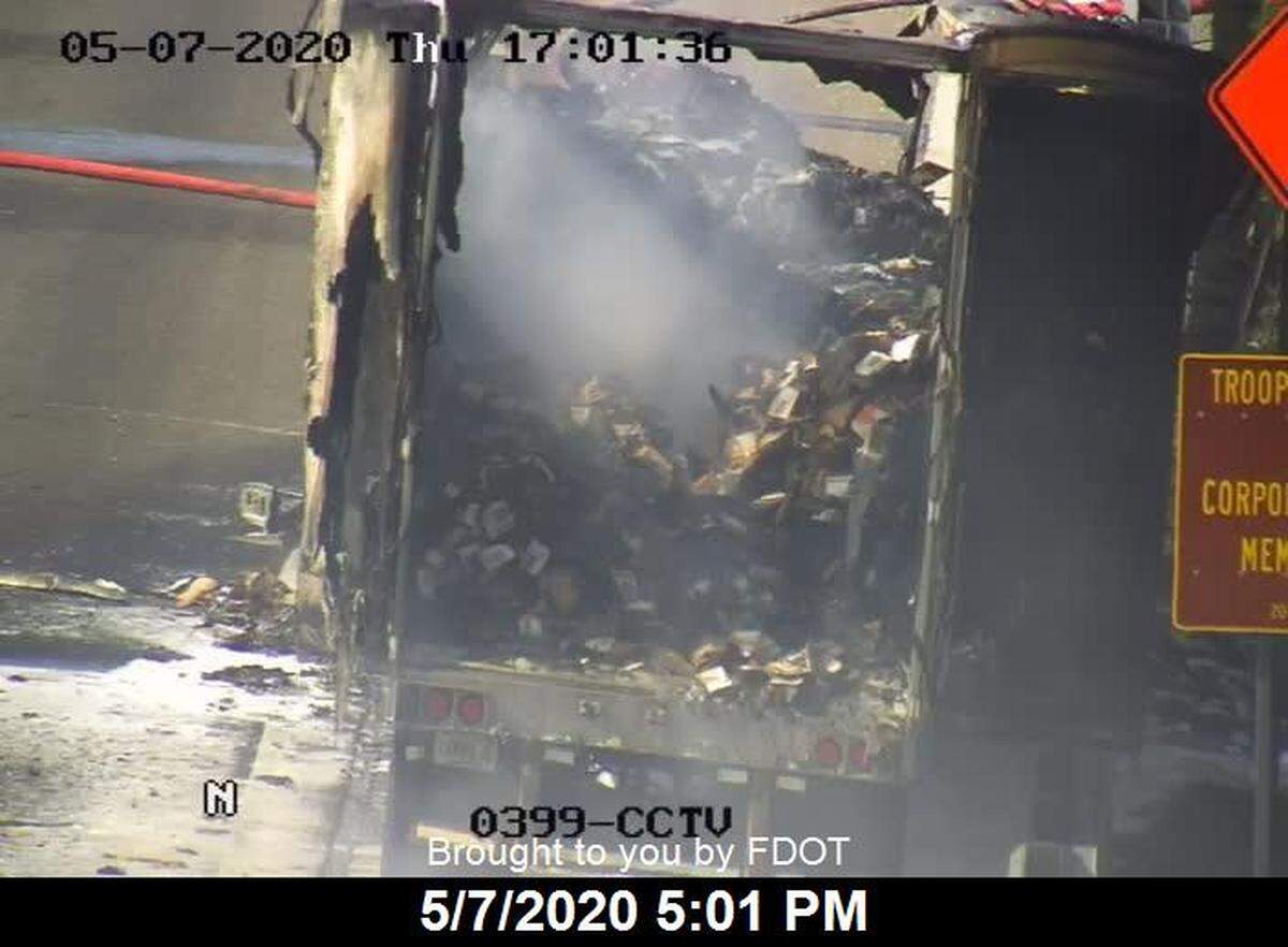 A shot of the burned out truck’s trailer from a FDOT traffic camera