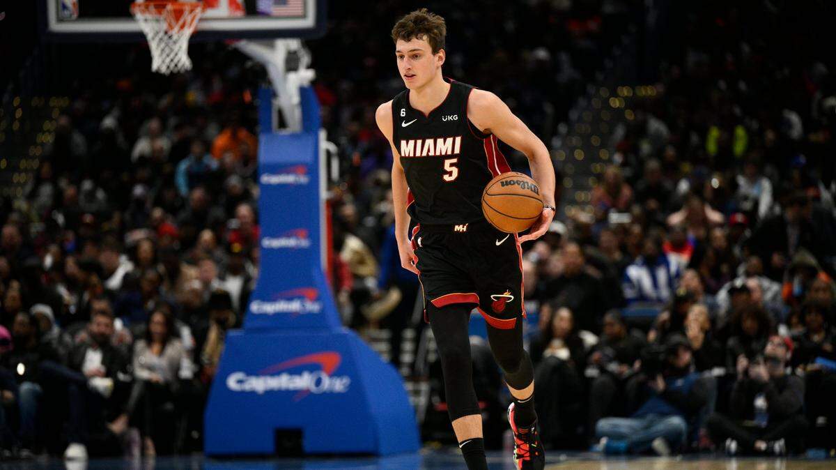Miami Heat forward Nikola Jovic (5) in action during the second half of an NBA basketball game against the Washington Wizards, Friday, Nov. 18, 2022, in Washington.