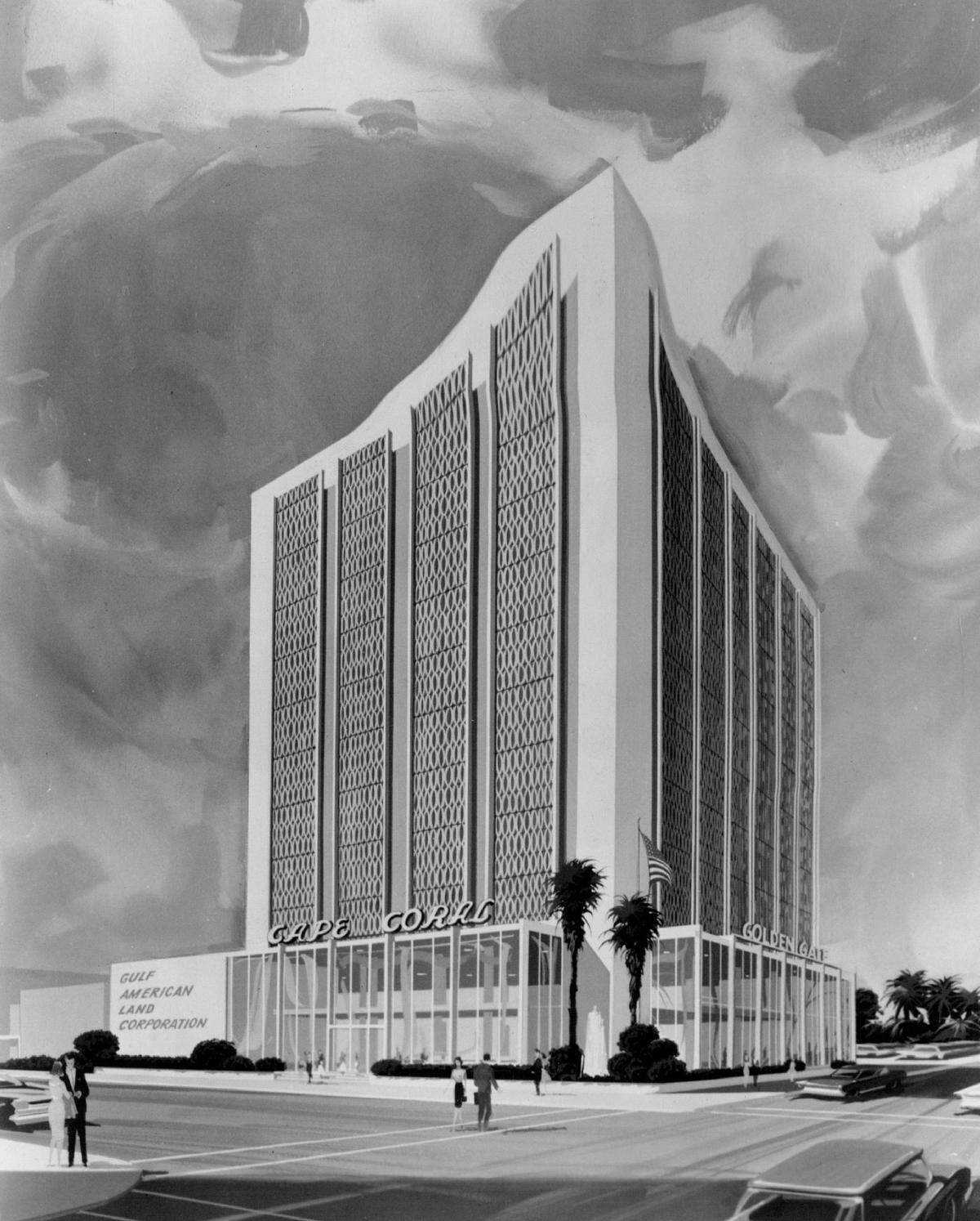 In 1962, a rendering of the future 11-story Gulf American office building on the southwest corner of Biscayne Boulevard and Northeast 79th Street. The national headquarters for the land company was faced with a gold anodized aluminum screen. It later became the administration building in Miami for the federal immigration agency, then known as INS.