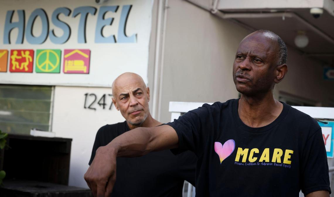 David Peery, right, founder of the Miami Coalition to Advance Racial Equity, organized a press conference at the Bikini Hostel in Miami Beach on Wednesday, March 5, 2025.