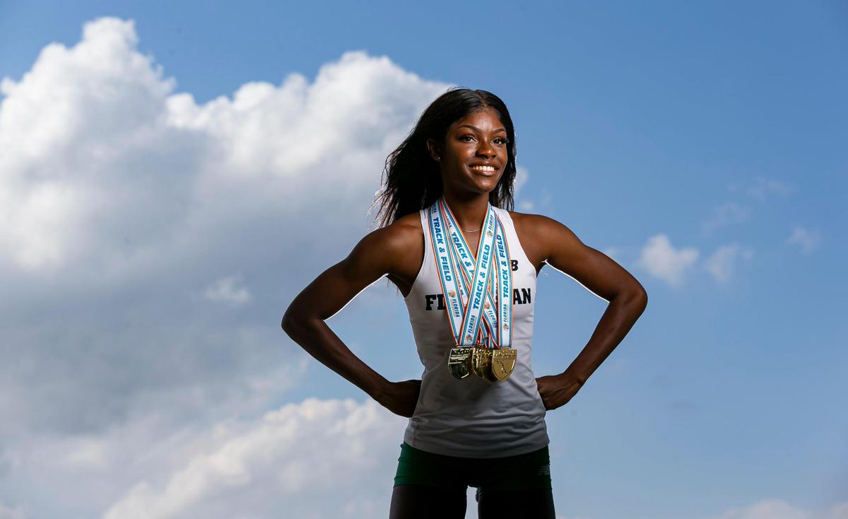 Broward Track and Field Athlete of the Year Jassani Carter, from Flanagan High School, is photographed at Brian Piccolo Park in Cooper City, Florida on Tuesday, May 17, 2022.
