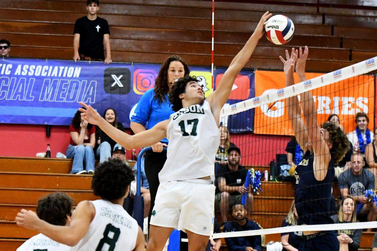 Reagan senior outside hitter Diego Cobena scores going over the top of the Gulf Breeze defenders in a Class 2A state boys volleyball semifinal on Friday at Polk State College in Winter Haven.