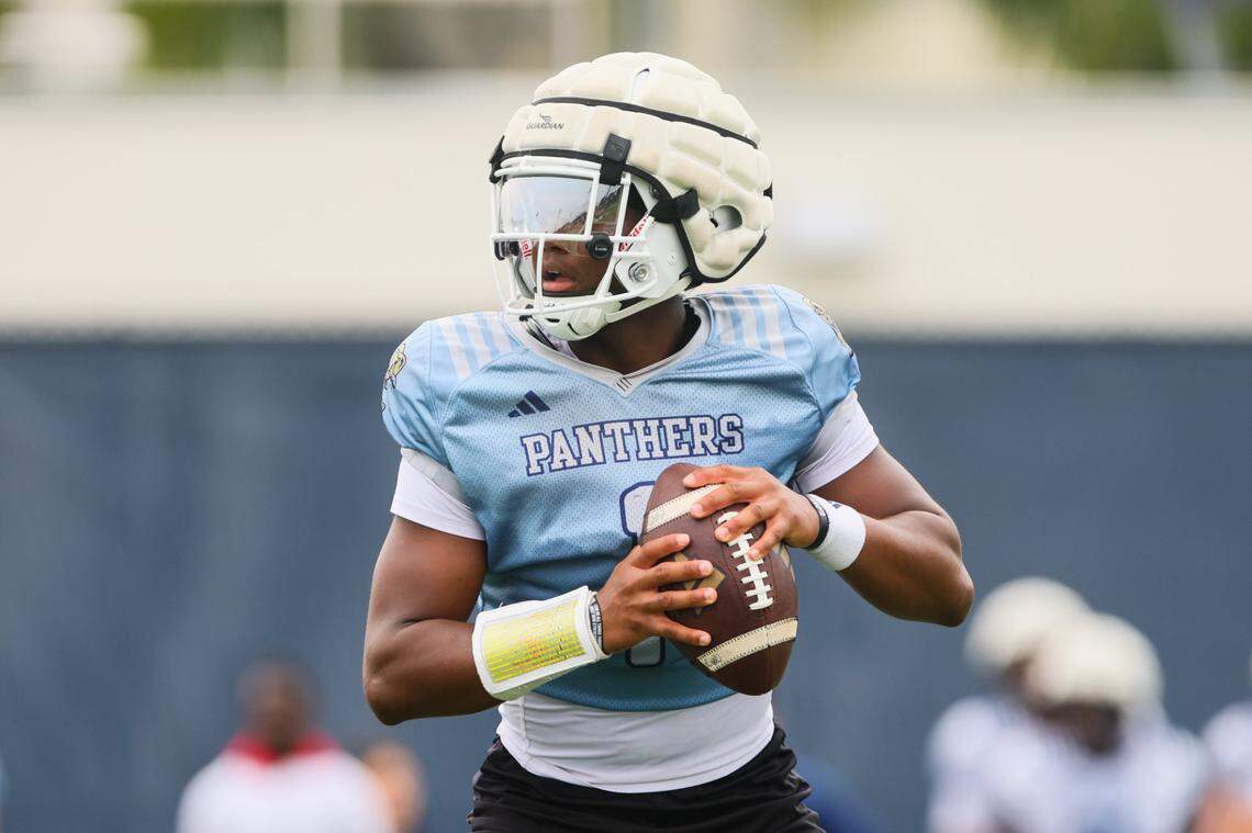FIU Golden Panthers quarterback Keyone Jenkins (1) throws the football during practice at Florida International University in Miami, Florida, Thursday, March 28, 2024.