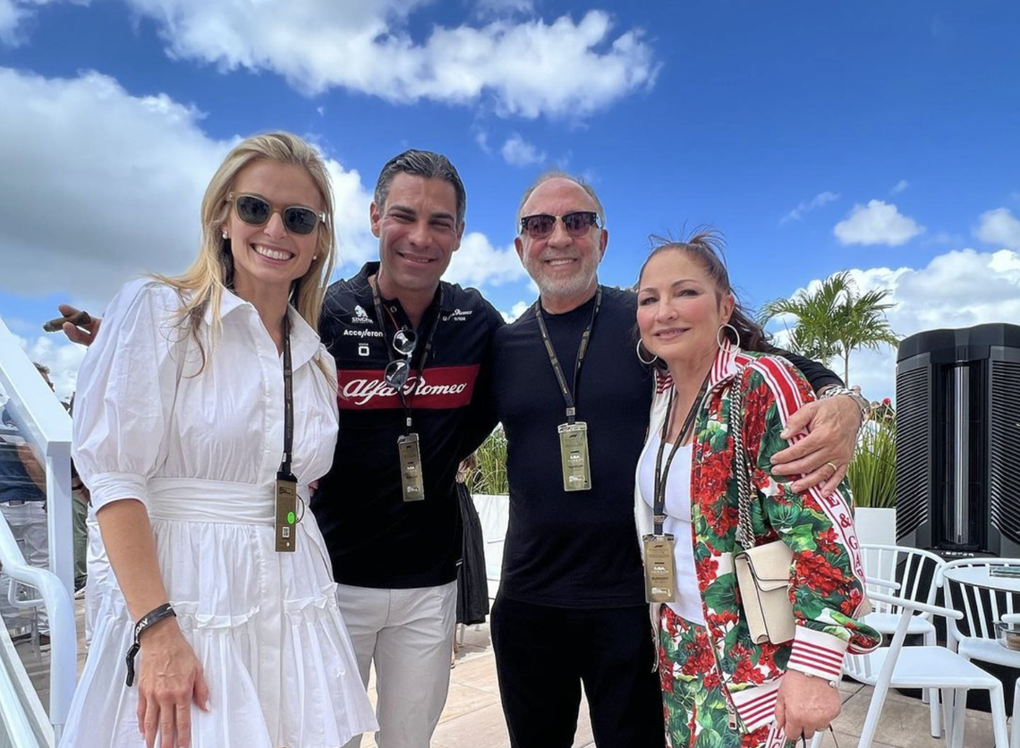 From left to right Gloria Suarez, Miami Mayor Francis Suarez, Emelio Estefan, and Gloria Estefan pose together during the Sunday Formula One races.