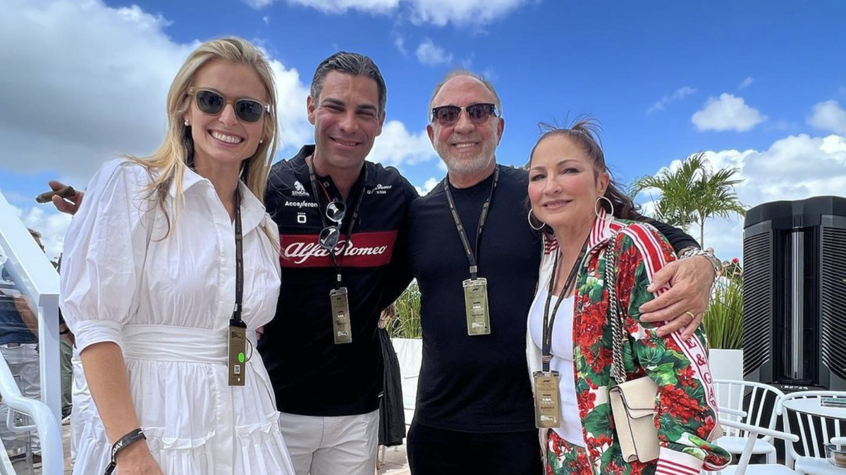 From left to right Gloria Suarez, Miami Mayor Francis Suarez, Emelio Estefan, and Gloria Estefan pose together during the Sunday Formula One races.