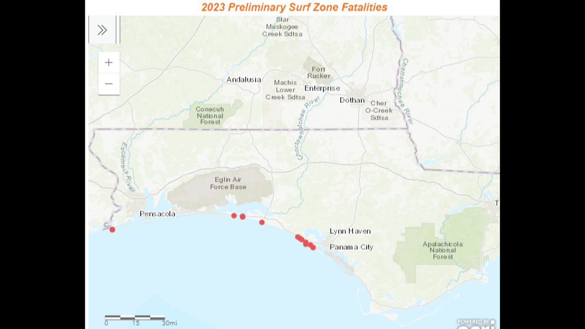 The red dogs represent swimmer deaths along the Panhandle in 2023, and most have happened in Bay County, the National Weather Service says.