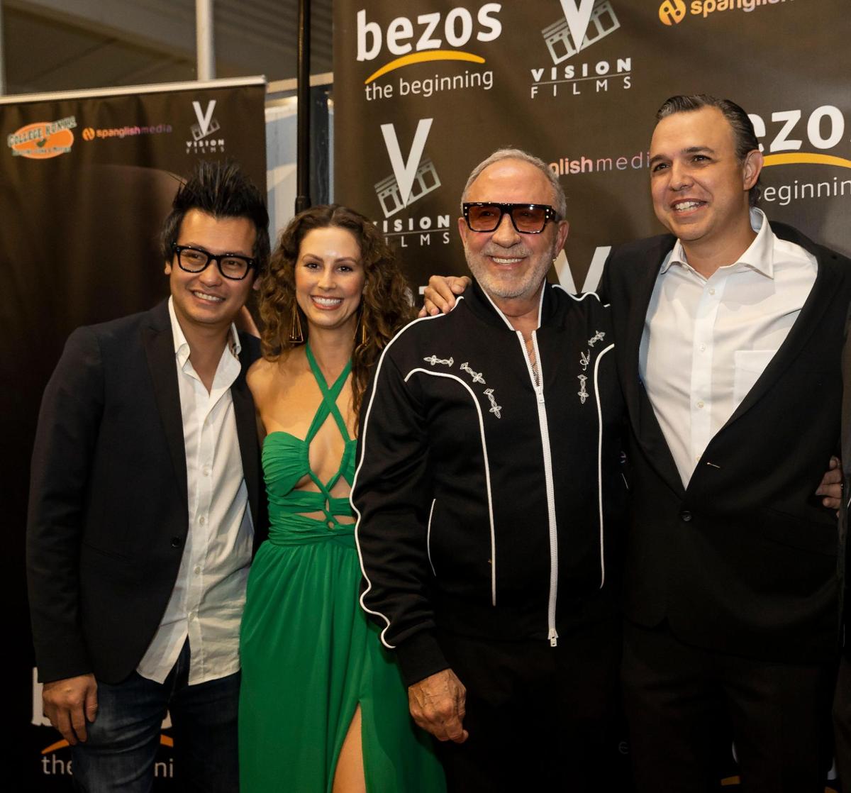 From left: Khoa Le, Alex Mitchell, Emilio Estefan and Armando Gutierrez attend the premiere for their movie Bezos: The Beginning at the University of Miami’s Bill Cosford Cinema on Monday, Jan. 23, 2023, in Coral Gables, Fla. The biopic chronicles the life of Amazon founder, Jeff Bezos.