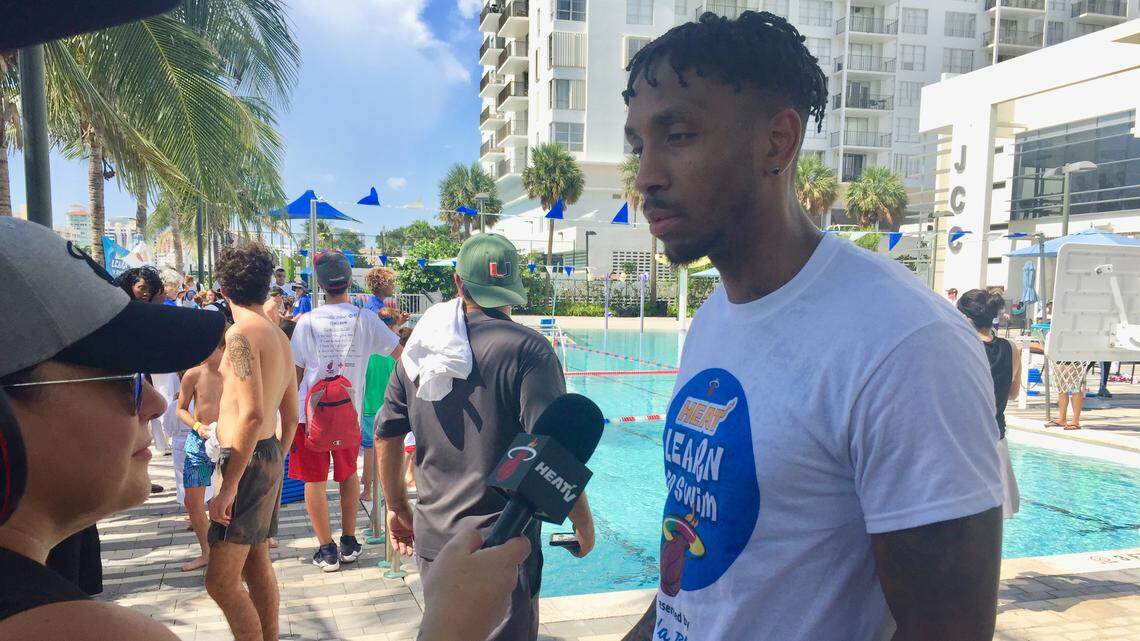 Miami Heat guard Rodney McGruder is interviewed before jumping into the pool at the Miami Beach Jewish Community Center on Tuesday, July 24, 2018. McGruder, 26, was there to promote the Heat’s Learn To Swim program, which is now in its 17th year.