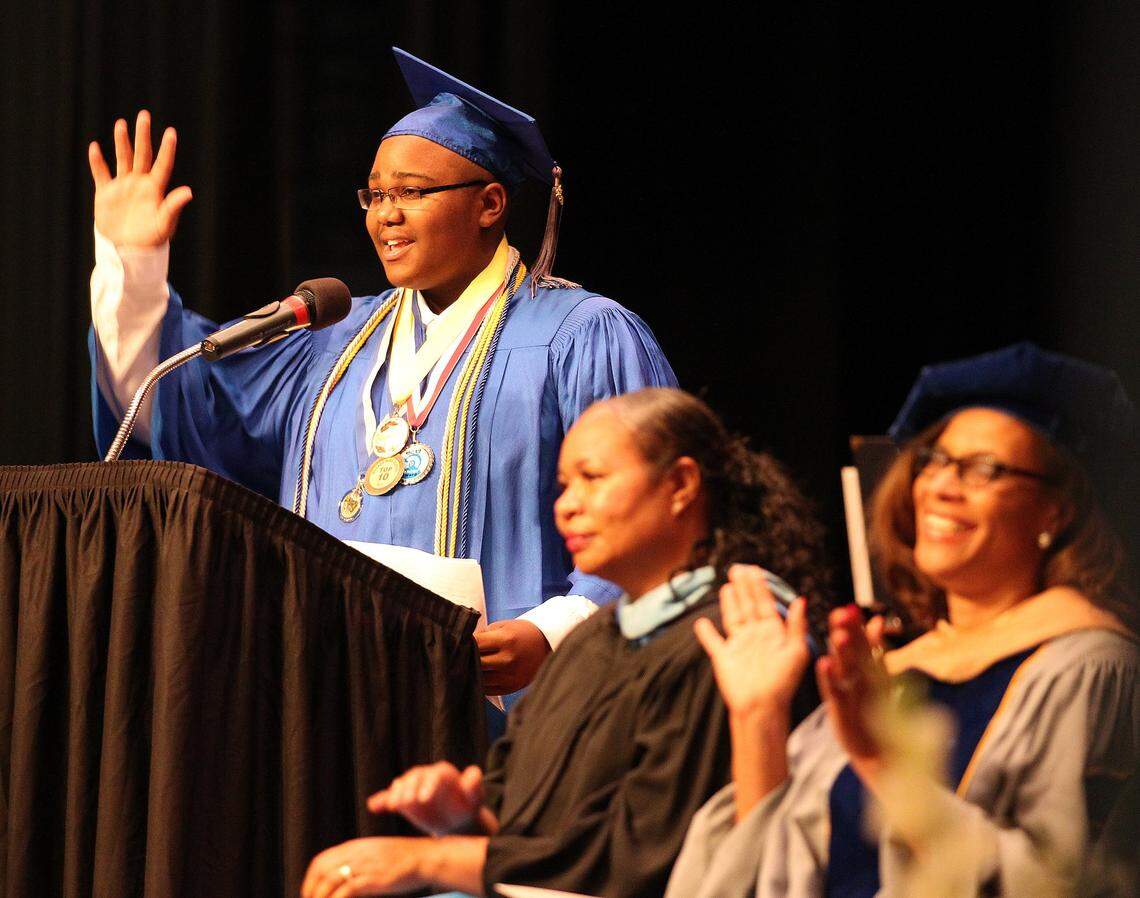 Dillard HS Salutatorian Oscar Spence III, gives his speech at his graduation ceremony at War Memorial Auditorium in Fort Lauderdale, June 4, 2013. 