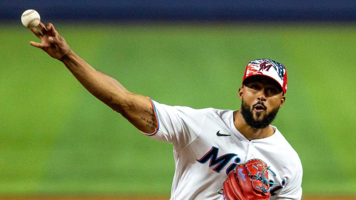 Miami Marlins pitcher Sandy Alcantara (22) throws the ball during the seventh inning of an MLB game against the Los Angeles Angels at loanDepot park in the Little Havana neighborhood of Miami, Florida, on Tuesday, July 5, 2022.