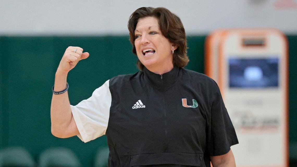 Miami Hurricanes women’s basketball coach Katie Meier works with the team at the practice facility at the University of Miami on Thursday, October 20, 2022.