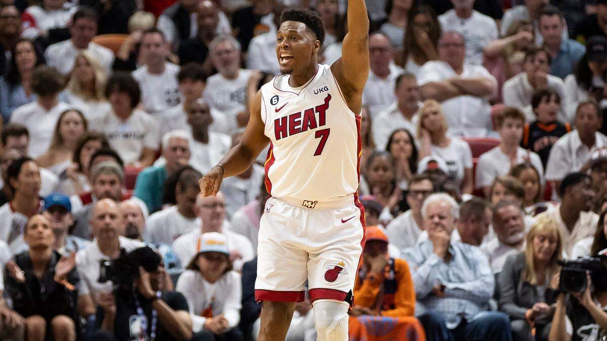 Miami Heat guard Kyle Lowry (7) signals to his teammates while playing against the New York Knicks in the second quarter of Game 3 of the NBA Eastern Conference Semifinals at the Kaseya Center in Miami on Monday, May 8, 2023.