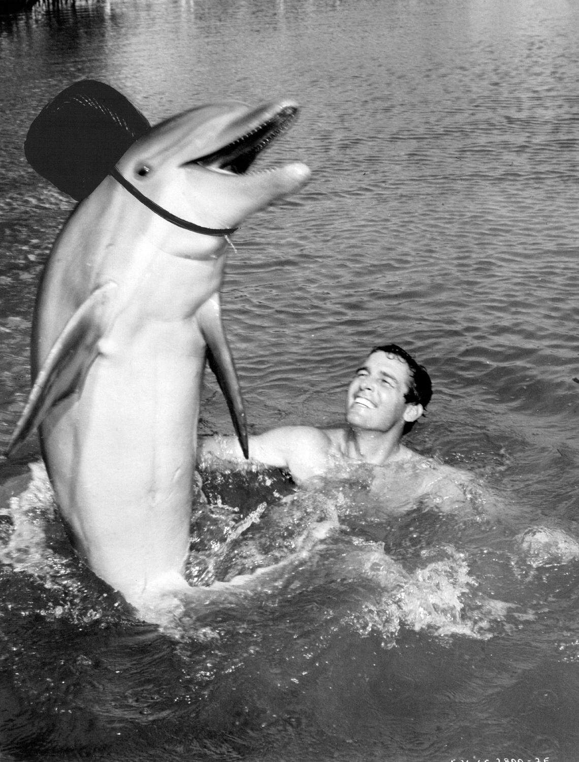 Brian Kelly and Flipper enjoy a water romp between takes in the second year of the half-hour hit series.