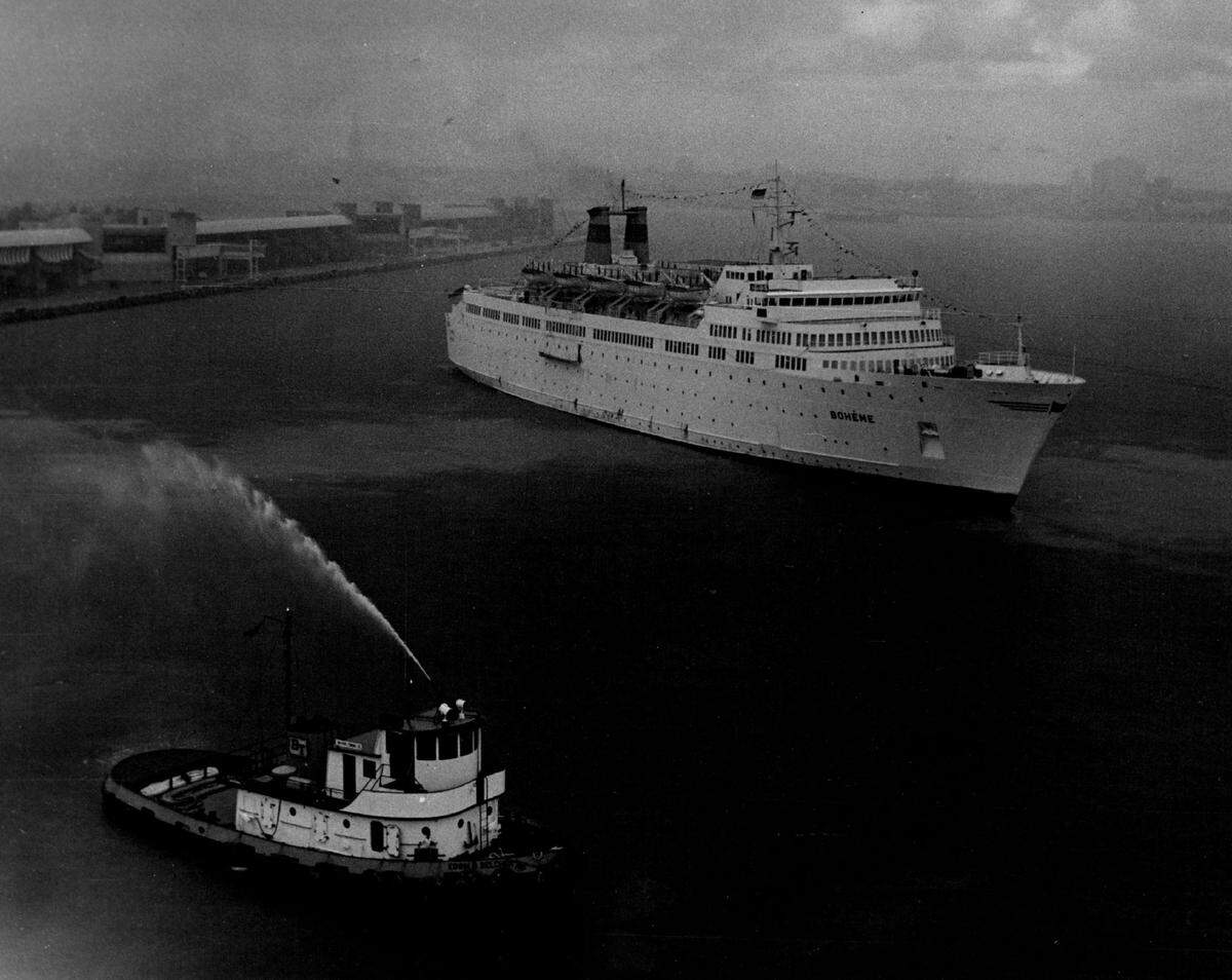 The M/S Boheme returns to home base at the Port of Miami in 1970.