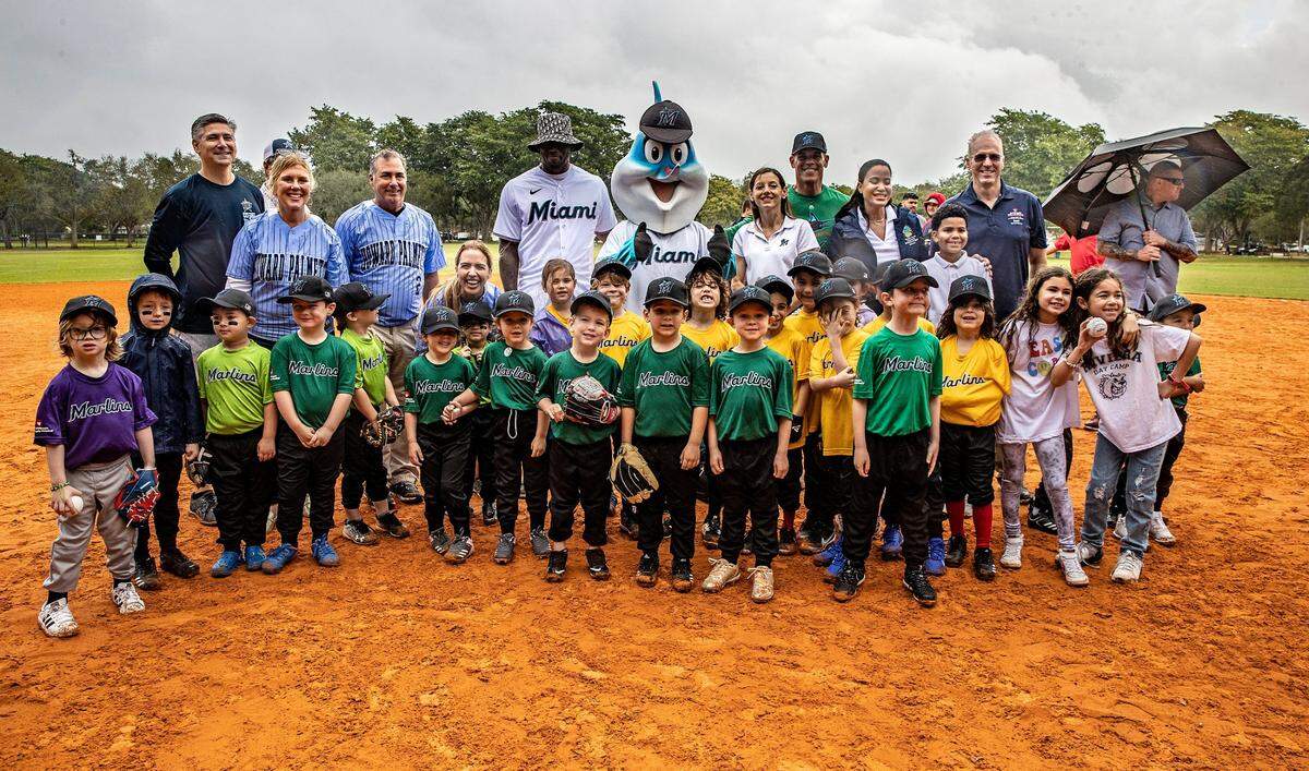 A group of baseball players kids and elected officials posed with Miami Marlins’ outfielder Jorge Soler and Billy The Marlin during the opening day of the Marlins Youth Academy Spring Tee Ball at the Coral Reef park in Palmetto Bay. As The Miami Marlins Foundation and the Joe DiMaggio Children’s Hospital teams up for a great cause to provide young boys and girls across South Florida the opportunity to play the game, on Saturday February 04, 2023.