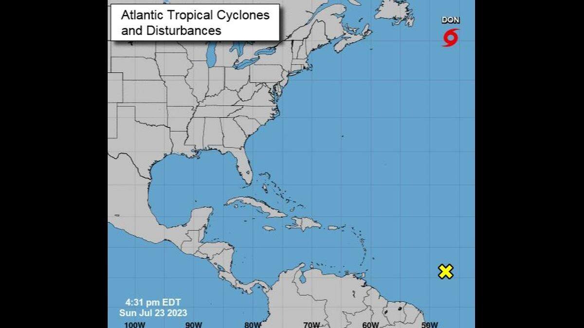 The 5 p.m. map of the Atlantic Ocean storms and disturbances.