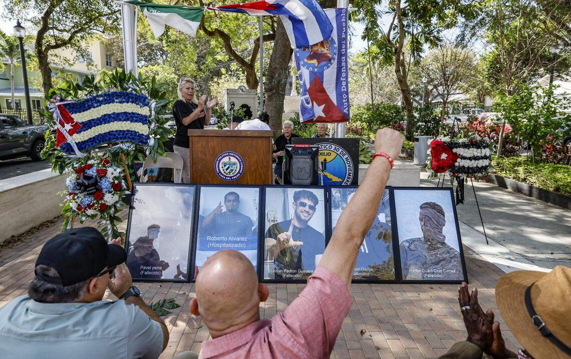 Maritza Lugo Fernandez speaks to supporters during a Proof of Life of Our Brothers ceremony at the Bay of Pigs Monument in the Little Havana area of Miami, Florida, on Sunday, March 8, 2026. Cuban dissident groups held a press conference to demand repatriation of the bodies of the men killed in the shootout with the Cuban Coast Guard on Sunday, March 8, 2026. They also demanded that the U.S. citizens involved in the incident be allowed to speak to U.S. diplomatic employees.