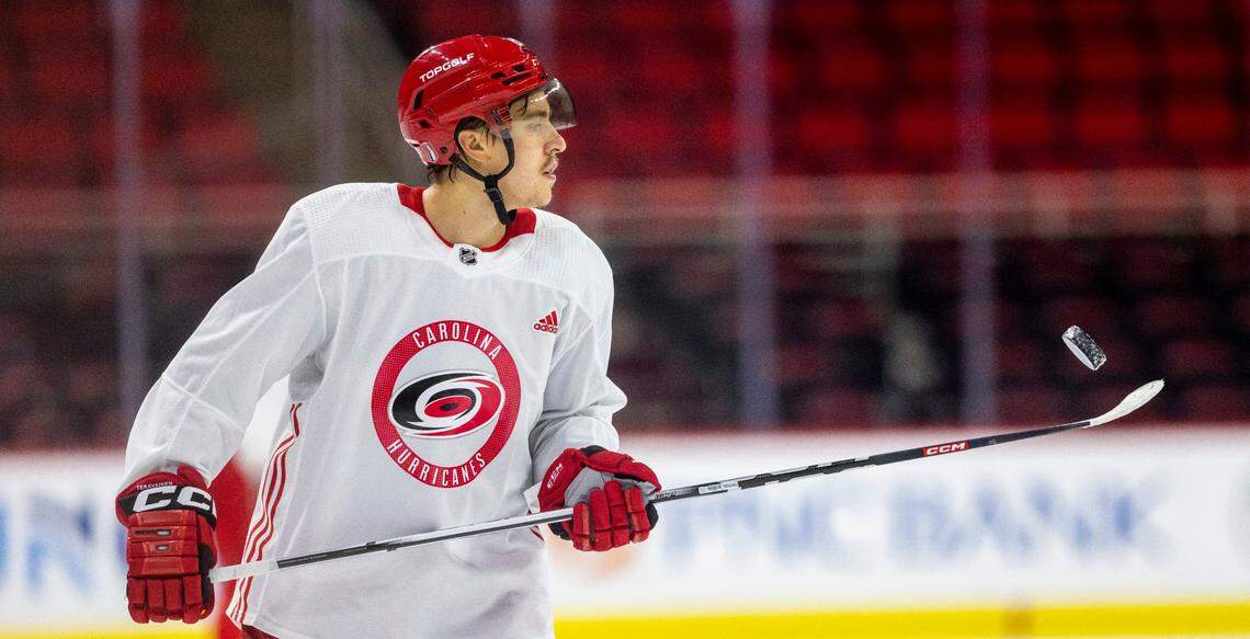 The Carolina Hurricanes Teuvo Teravainen (86) balances a puck on the end of his stick during practice on Monday, May 15, 2023 at PNC Arena in Raleigh, N.C. Teravainen has returned to practice as he recovers from a broken hand.