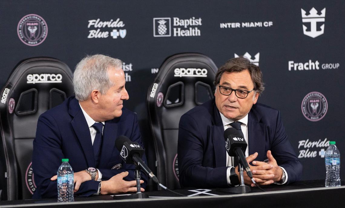 Inter Miami president of football operations Raúl Sanllehi, right, and managing owner Jorge Mas speak to the media after Tata Martino announced that he is stepping down as head coach of their team during a press conference at Chase Stadium on Friday, Nov. 22, 2024, in Fort Lauderdale, Fla