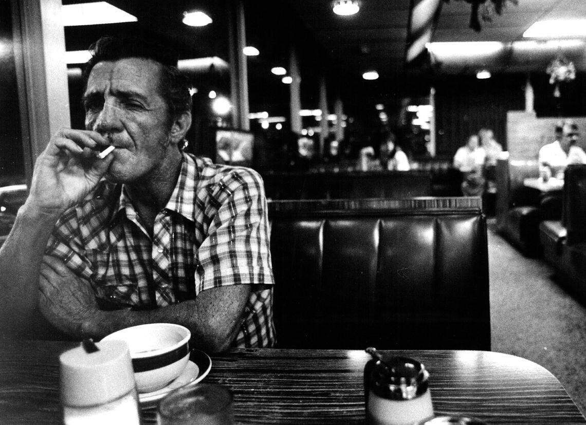 Bobby Lewis of Fort Lauderdale hangs out at Lester’s Diner in Broward before he goes on the job as a plasterer, and drinks coffee to wake up.