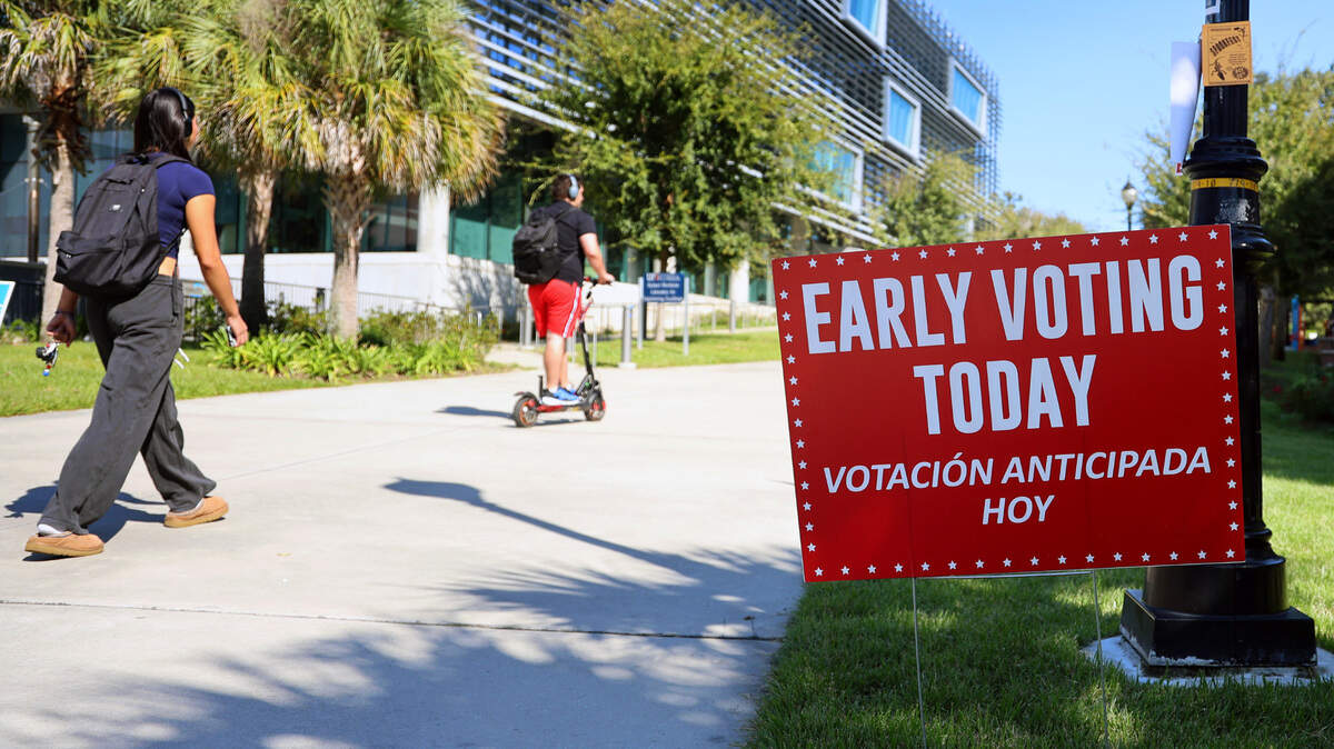 Early voting signs are seen outside of Reitz Union at the University of Florida in Gainesville Friday, Oct. 25, 2024. (Ella Thompson/Fresh Take Florida)
