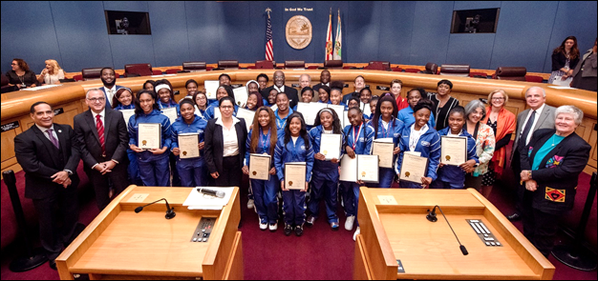 Miami-Dade County Commissioner Dennis Moss, District 9, and fellow commissioners honored members of the Richmond-Perrine Giants Varsity Dance Team for their recent win in the 2018 Southeast Division of the Greater Miami Pop Warner Nationals Cheer and Dance Competition.