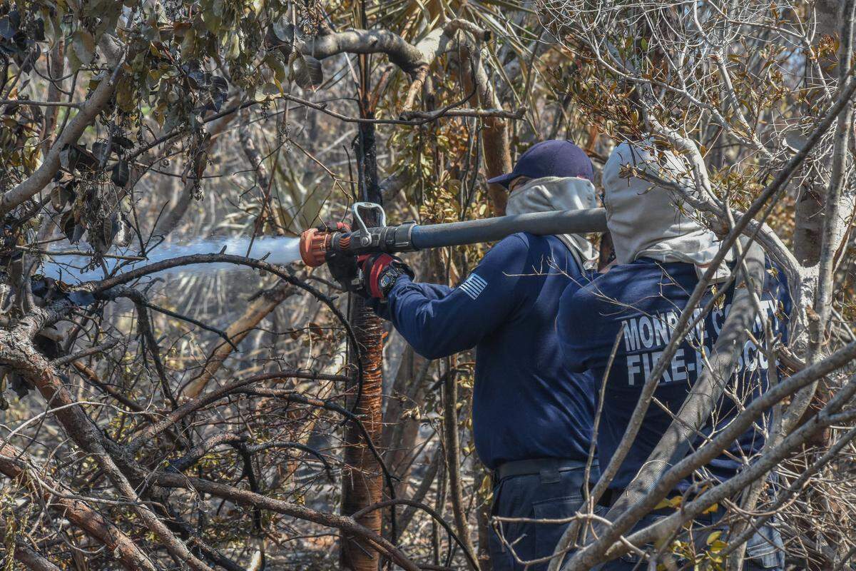 Firefighters from seven different agencies including Monroe County Fire Rescue worked to put out a brush fire in Big Pine Key Tuesday, April 24, 2018. The fire began on April 22 and was 50 percent contained as of Tuesday night.