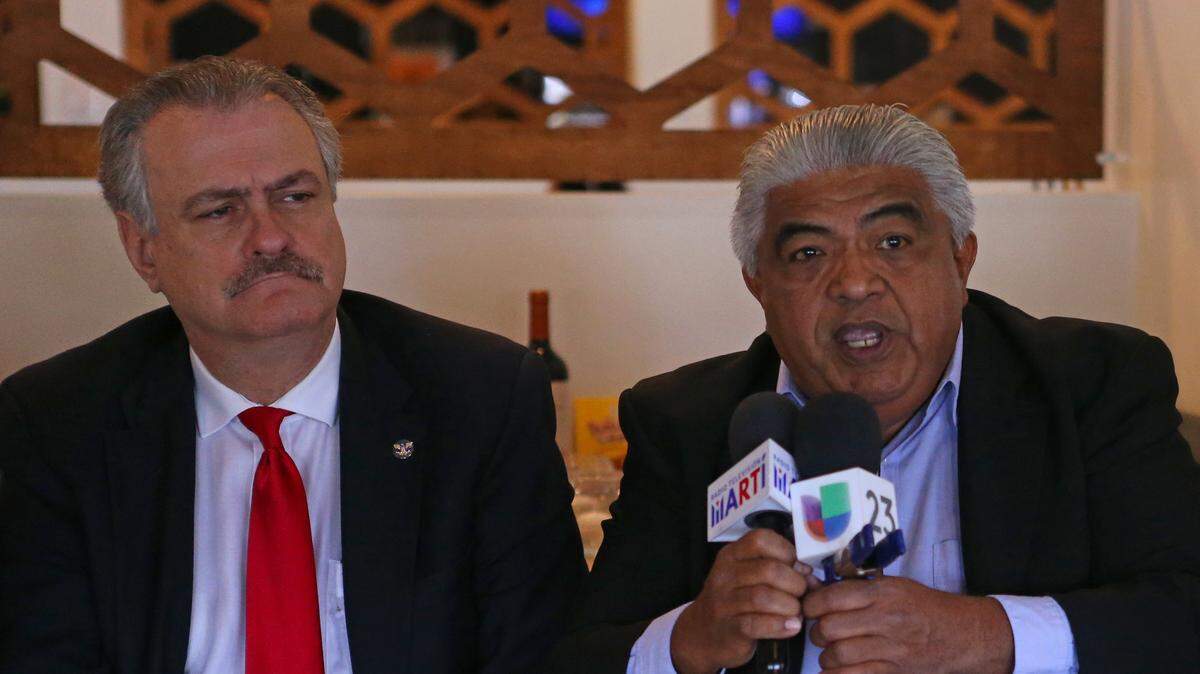 Venezuelan opponent in exile Freddy Solórzano, right, talks during a press conference Wednesday, Jan. 9, 2019, at Doral’s Tropico Restaurant. They announced scheduled worldwide protests Thursday against President Nicolas Maduro’s second term as Venezuelan president. Maduro is being sworn in as president on Thursday.