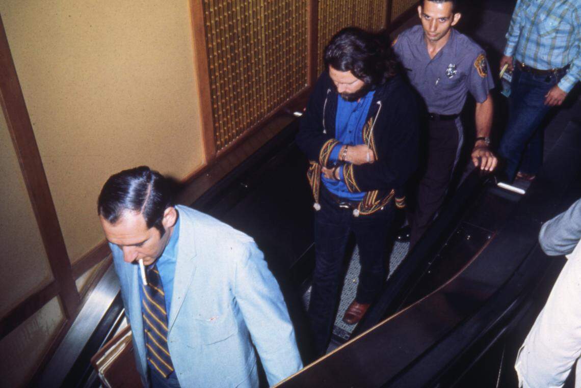 Jim Morrison in the Miami-Dade Courthouse where he was tried on charges of lewd and lascivious conduct stemming from his behavior at a Dinner Key Auditorium concert in March 1969.
