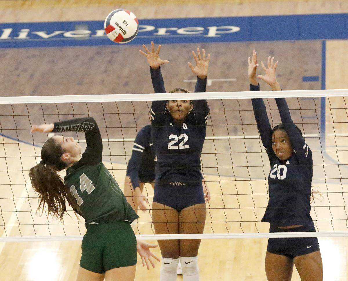 Pine Crest Panthers Mia Gold hits against Gulliver Raiders during the Region 4-3A final volleyball game on Tuesday, October 28, 2025 at Gulliver Prep in Miami. Andrew Uloza / for Miami Herald