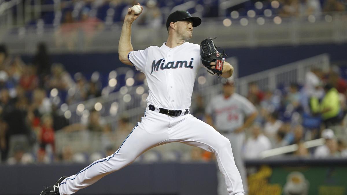 Miami Marlins starting pitcher Trevor Richards (36) throws a pitch in the first inning during a game against the Washington Nationals at Marlins Park in Miami, Florida on Tuesday, June 25, 2019.