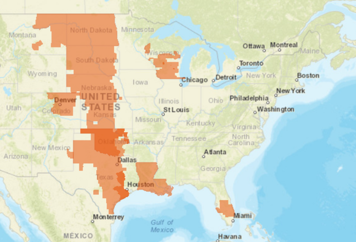 The whooping crane's habitat in North America stretches from Florida to Canada. Source: U.S. Fish and Wildlife Service