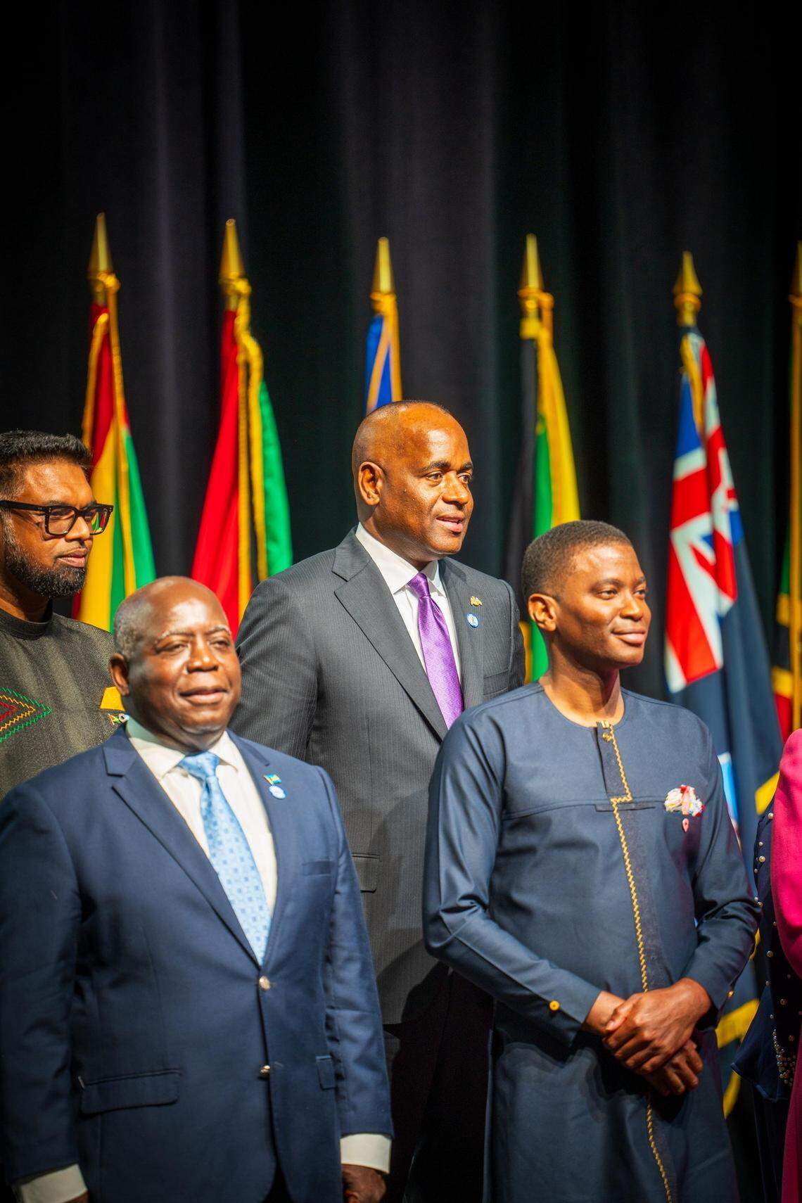 Caribbean leaders during the 48th annual meeting of CARICOM, in Bridgetown, Barbados, which ended on Friday, February 21, 2025. From left to right, Bahamas Prime Minister Philip Davis, Grenada Prime Minister Dickon Mitchell, Dominica Prime Minister Roosevelt Skerrit and Guyana President Mohamed Irfaan Ali.