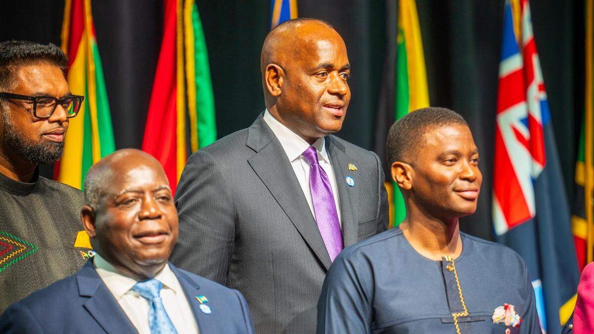 Caribbean leaders during the 48th regular meeting of Caribbean Community, CARICOM, in Bridgetown, Barbados, which ended on Friday, February 21, 2025. From bottom left to right, Bahamas Prime Minister Philip Davis, Grenada Prime Minister Dickon Mitchell, Dominica Prime Minister Roosevelt Skerrit (top right) and Guyana President Mohamed Irfaan Ali.