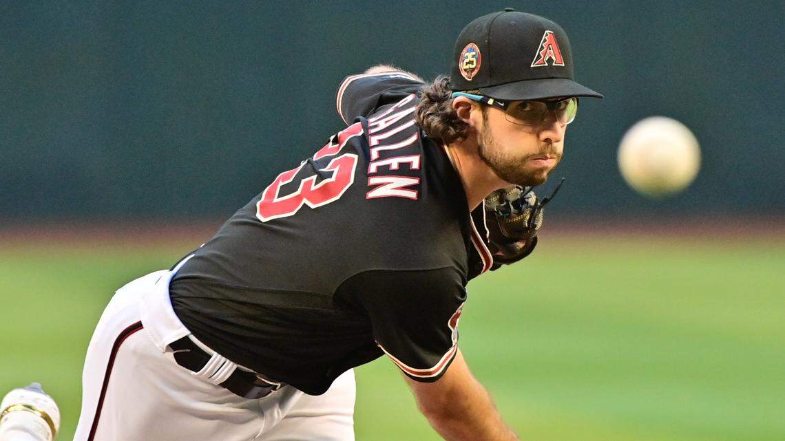 May 8, 2023; Phoenix, Arizona, USA; Arizona Diamondbacks starting pitcher Zac Gallen (23) throws in the first inning against the Miami Marlins at Chase Field. Mandatory Credit: Matt Kartozian-USA TODAY Sports