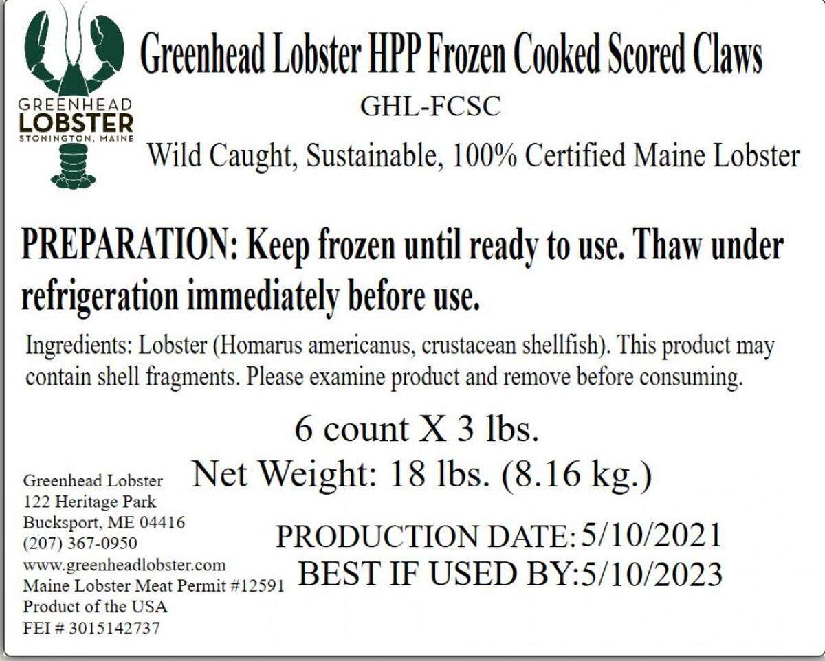 The label on a case of recalled Greenhead Lobster Frozen Cooked Scored Claws