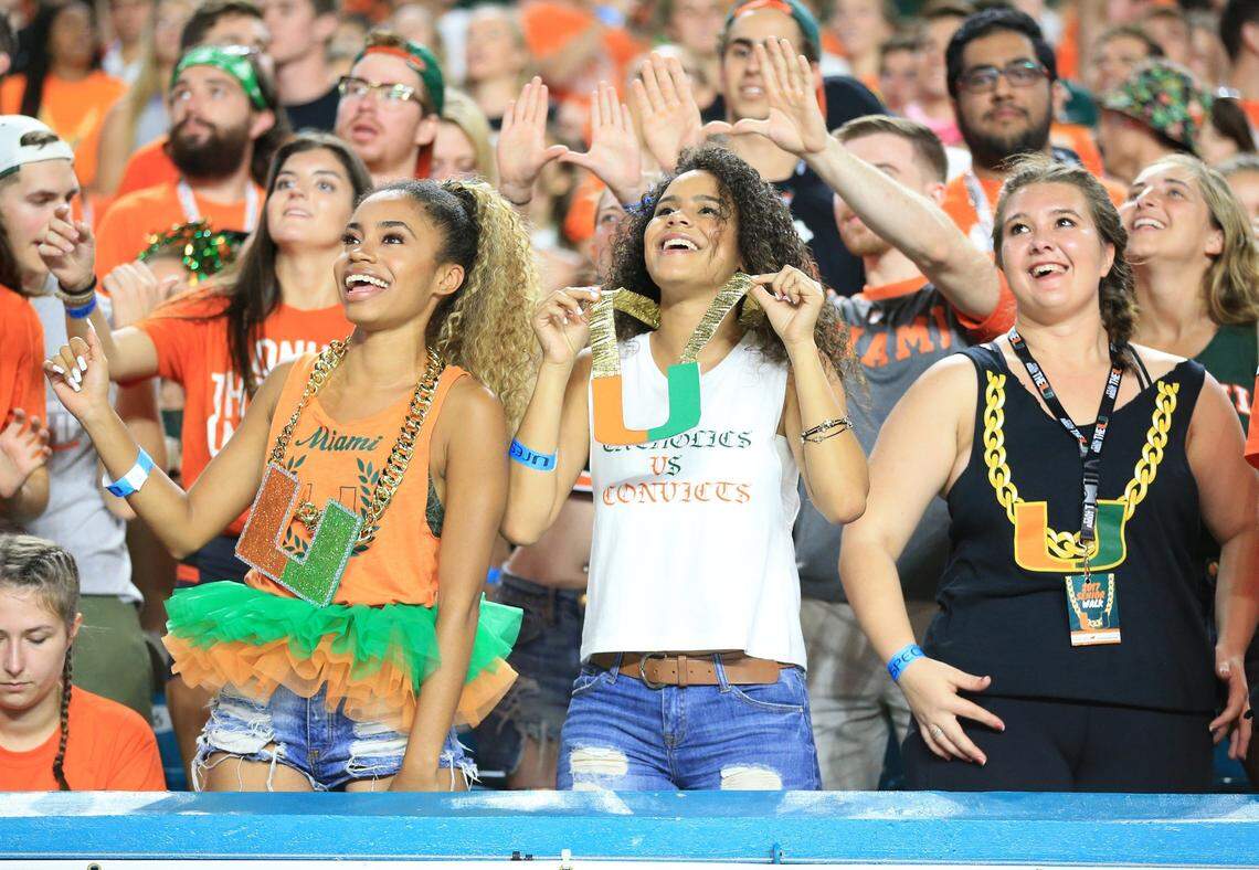 Canes fans show their support as the University of Miami Hurricanes host Notre Dame Fighting Irish at Hard Rock Stadium on Saturday, November 11, 2017.