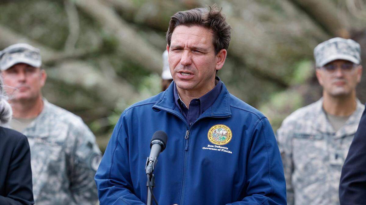 Florida Gov. DeSantis speaks to reporters about the impact of Hurricane Idalia on Florida’s Big Bend during an Aug. 30 press conference in Perry.